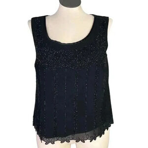 R & M Richards Women 16W Chiffon Beaded Top Black Sleeveless Lined Evening Party